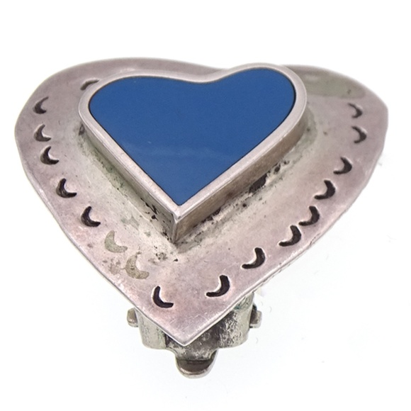 VINTAGE TAXCO MEXICO BLUE HEART CLIP ON EARRINGS - Picture 2 of 6